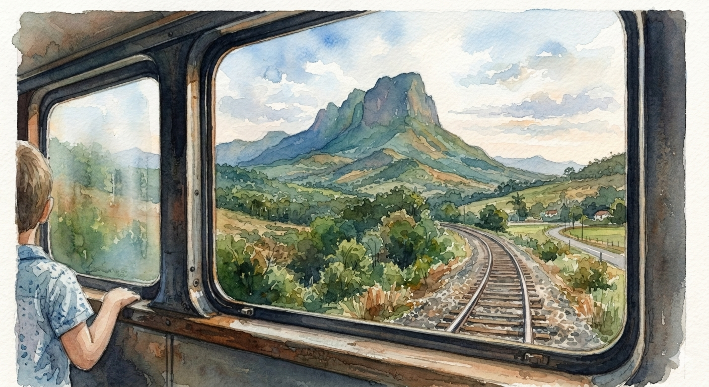 Menino avistando as montanhas de pedra, chegando em Cariacica no Espírito Santo, diferente dos morros de terra de Minas Gerais.